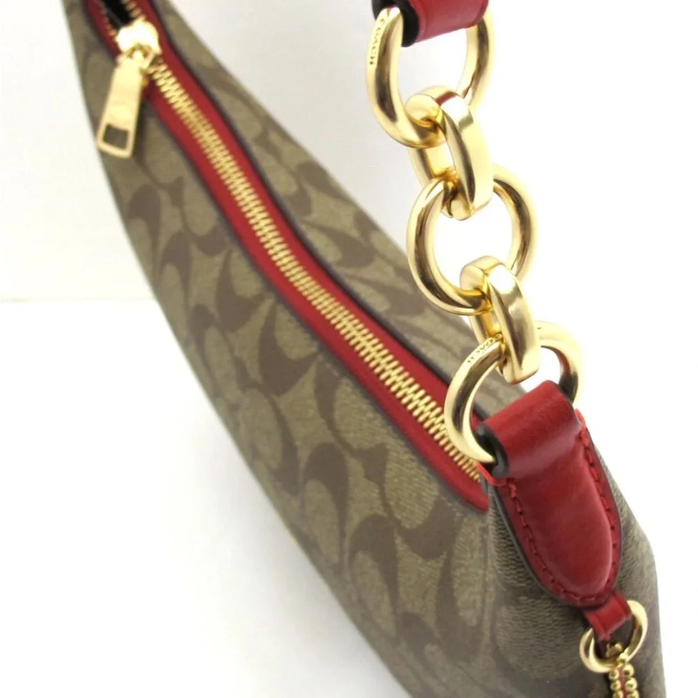 COACH PVC Signature/Leather Payton Shoulder Bag Khaki/Electric Red